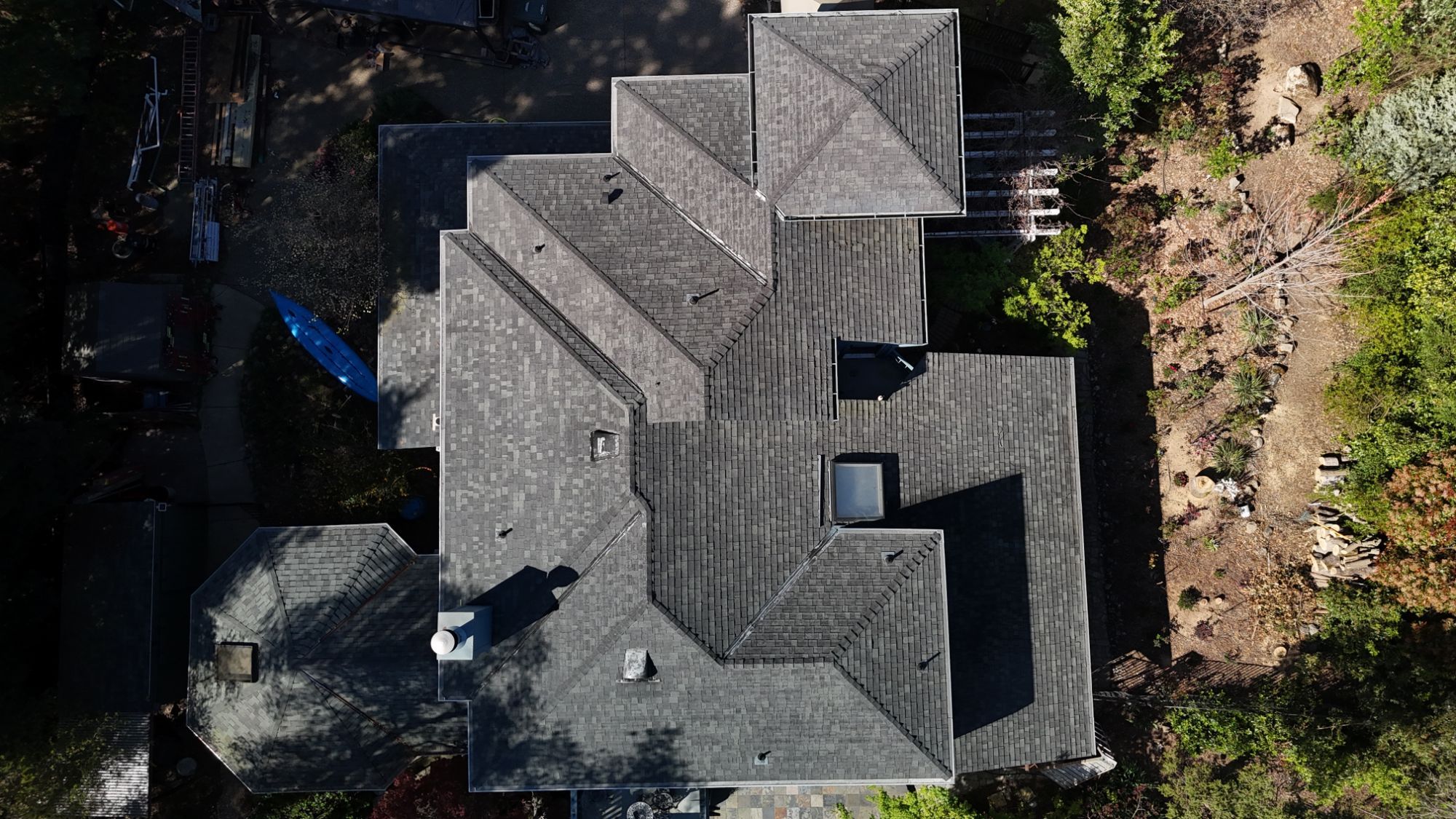 Overhead view of the hips, valleys and skylights on the new Granite Bay roof